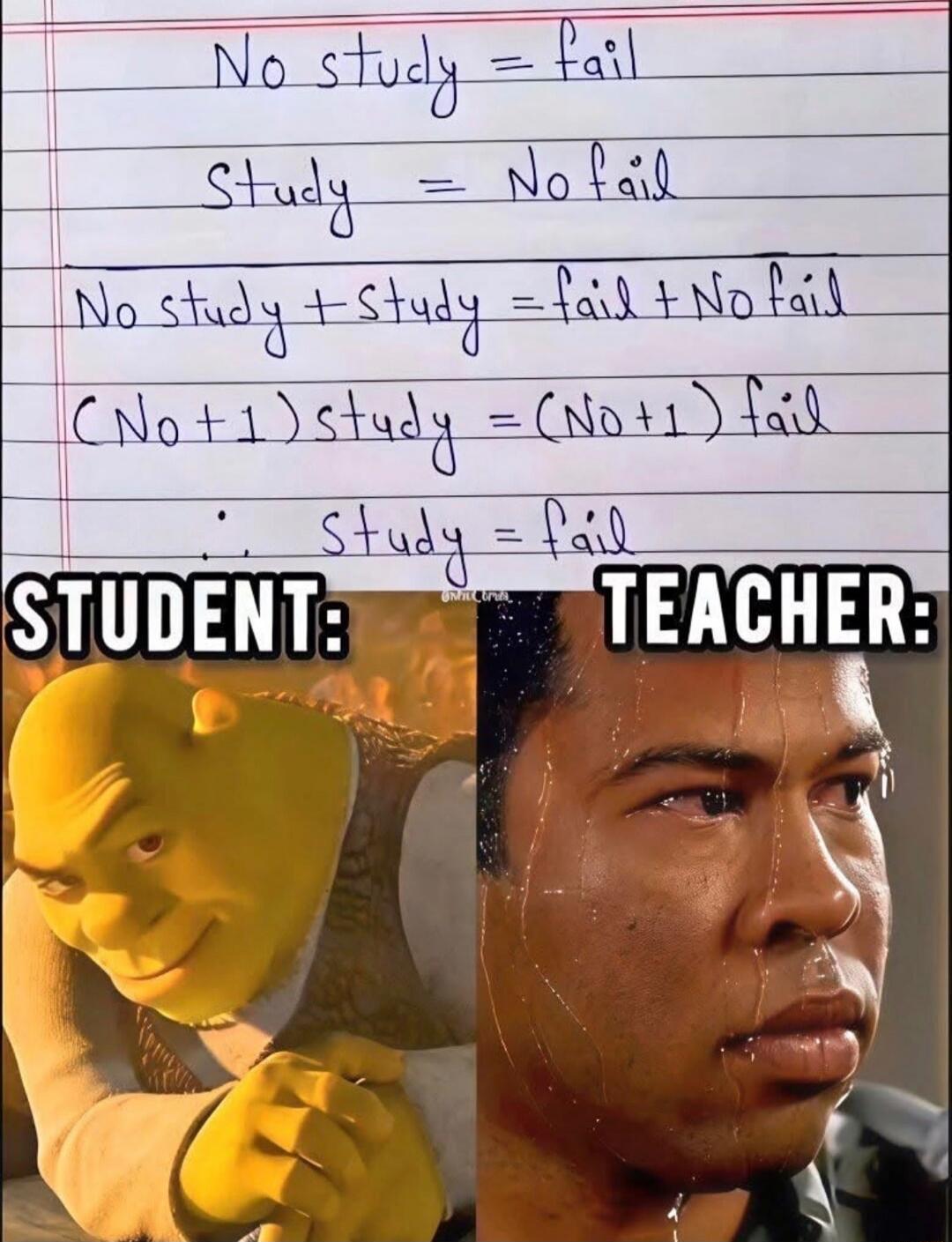 No study equals fail. Study equals no fail. No study plus study equals fail plus no fail. (No plus one) study equals (No plus one) fail. Therefore, study equals fail. STUDENT: [smug Shrek face] TEACHER: [sweating profusely]