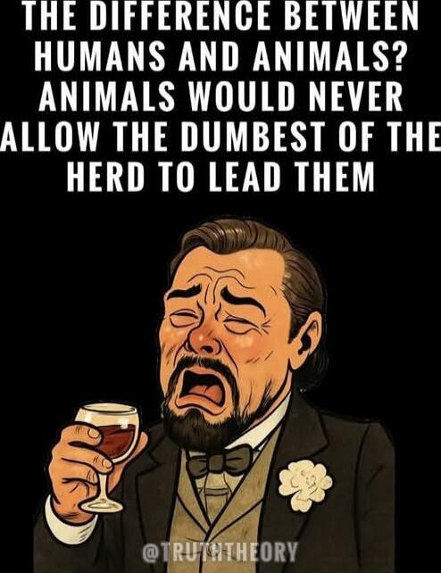 THE DIFFERENCE BETWEEN HUMANS AND ANIMALS? ANIMALS WOULD NEVER ALLOW THE DUMBEST OF THE HERD TO LEAD THEM