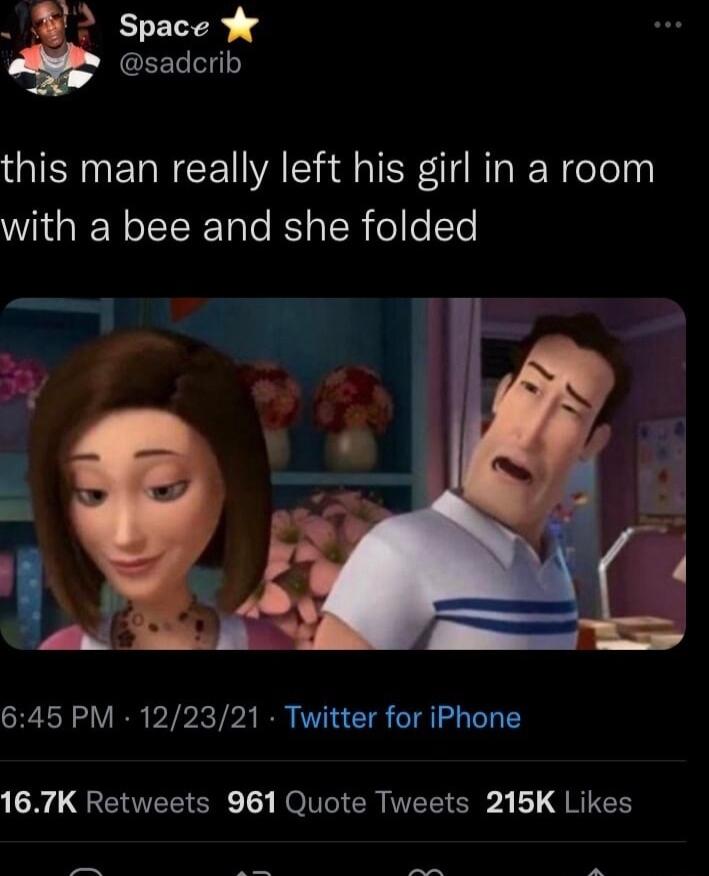 Space W sadcrib this man really left his girl in a room with a bee and she folded 645 PM 122321 Twitter for iPhone CHOQENTEEEE 1 Ko CR TR E A L qRIES