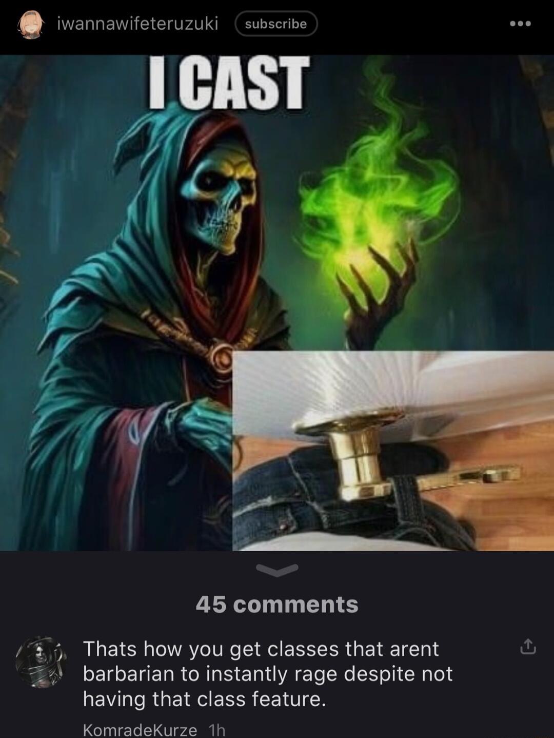 45 comments RGETER IRV IVRC QG EEECER GEREIEN T barbarian to instantly rage despite not having that class feature KomradeKurz 1h