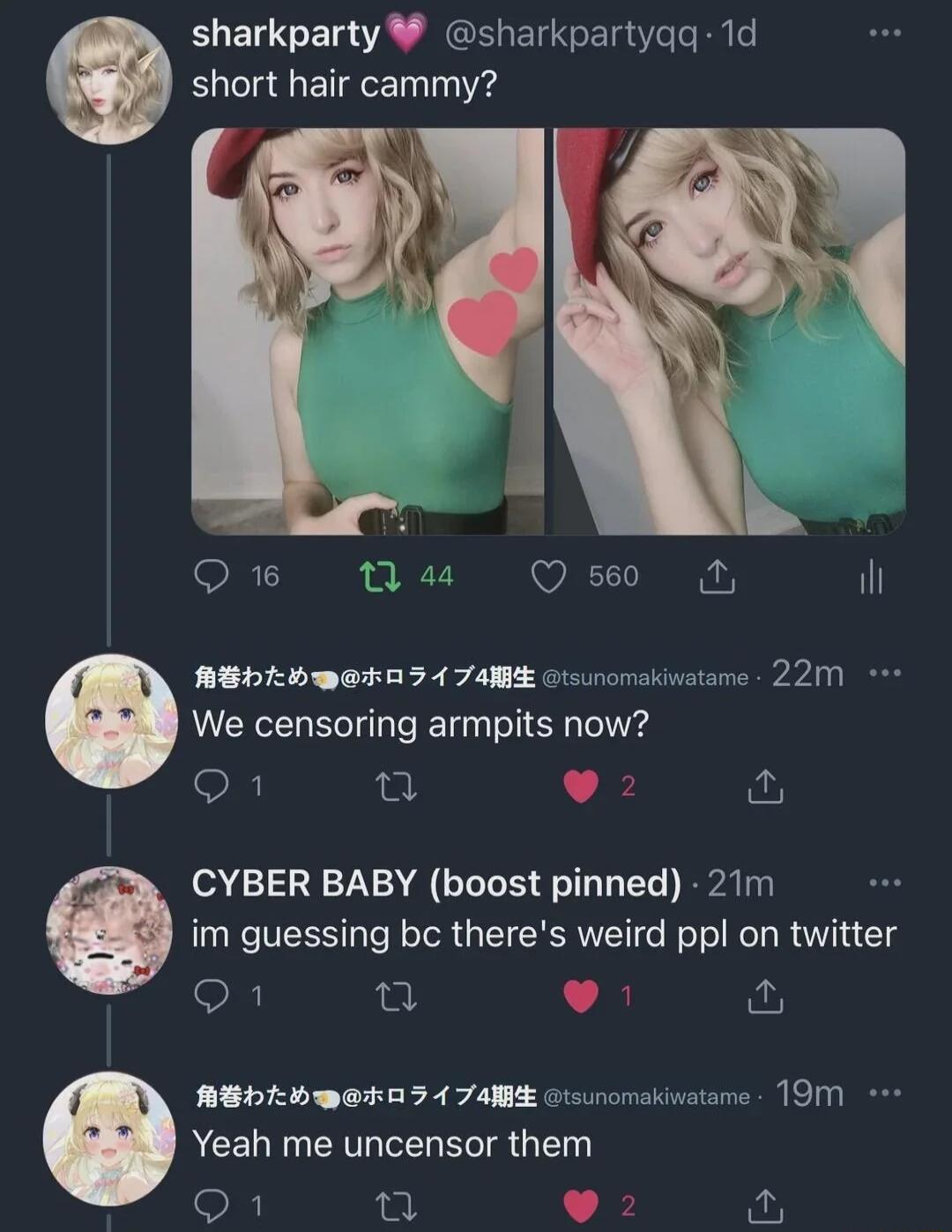 sharkparty 8 sharkpartyqq 1d short hair cammy ABDLHBORDS A TAME Crsunomakivatame 22M We censoring armpits now Q1 o L o CYBER BABY boost pinned 21m im guessing bc theres weird ppl on twitter O8 u L 4 i AEDEBWERA T T crsunomakivatame 1IM o Yeah me uncensor them Q1 2 9 s