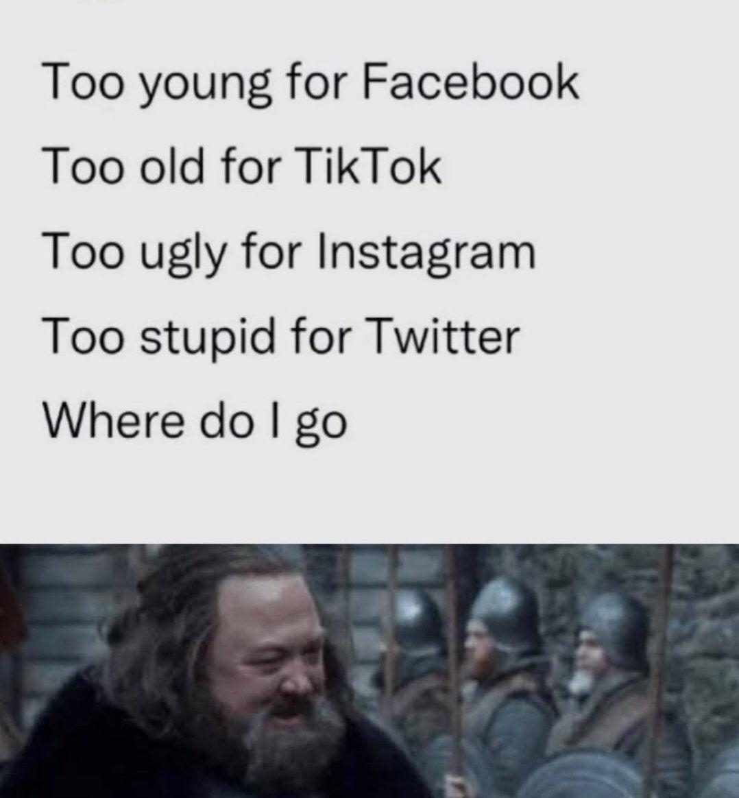 Too young for Facebook Too old for TikTok Too ugly for Instagram Too stupid for Twitter Where do go Youll be an Imgurian B il