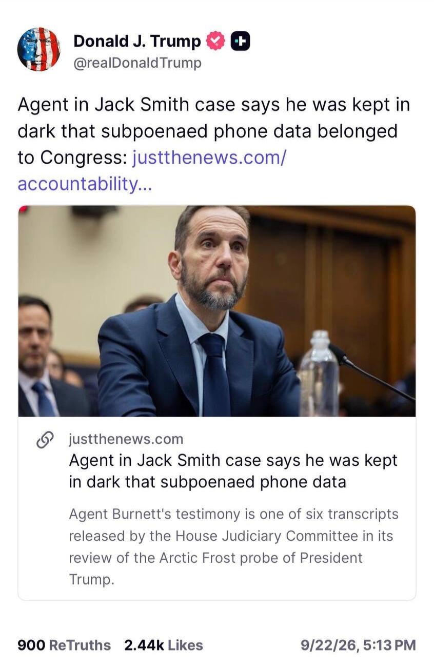 Agent in Jack Smith case says he was kept in dark that subpoenaed phone data belonged to Congress. Agent Burnett's testimony is one of six transcripts released by the House Judiciary Committee in its review of the Arctic Frost probe of President Trump.