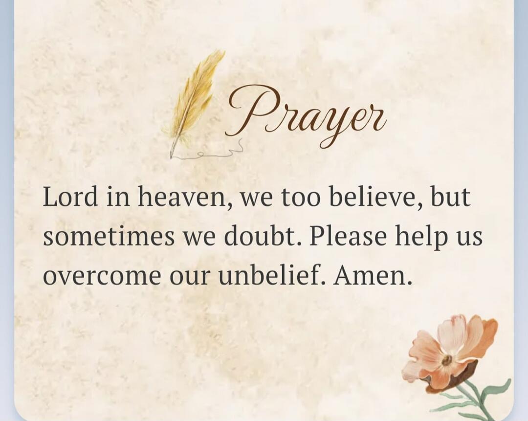 Prayer Lord in heaven, we too believe, but sometimes we doubt. Please help us overcome our unbelief. Amen.