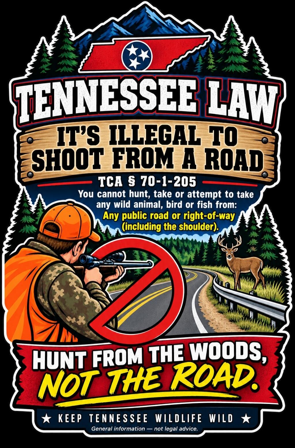 TENNESSEE LAW IT'S ILLEGAL TO SHOOT FROM A ROAD TCA § 70-1-205 You cannot hunt, take or attempt to take any wild animal, bird or fish from: Any public road or right-of-way (including the shoulder). HUNT FROM THE WOODS, NOT THE ROAD. KEEP TENNESSEE WILDLIFE WILD General information — not legal advice.