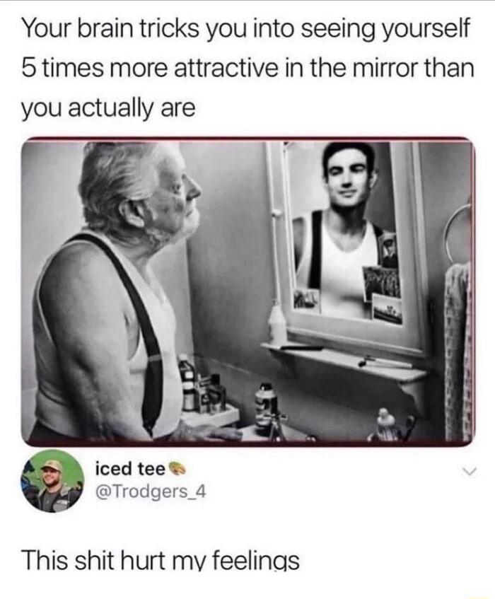 Your brain tricks you into seeing yourself 5 times more attractive in the mirror than you actually are iced tee Trodgers_4 This shit hurt my feelinas