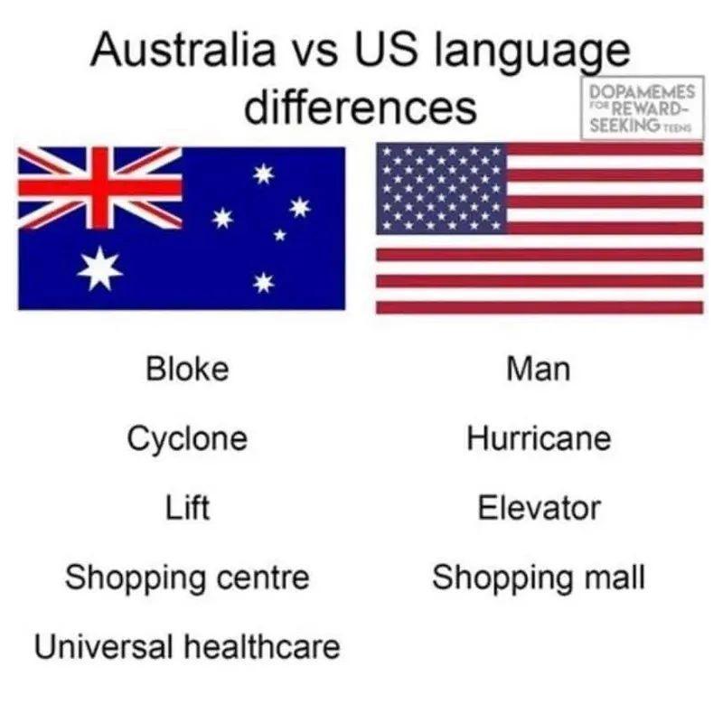 Australia vs US language poPamEMES differences R Bloke Man Cyclone Hurricane Lift Elevator Shopping centre Shopping mall Universal healthcare