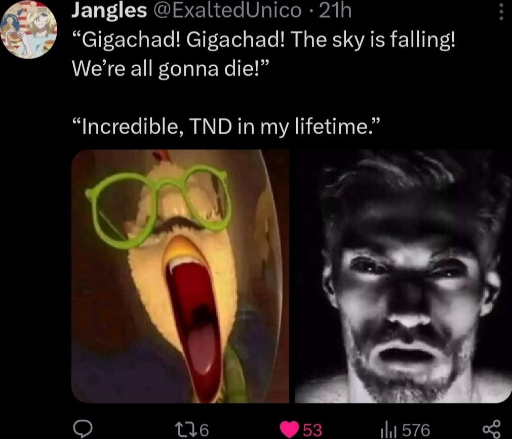 Jangles ExaltedUnico 21h Gigachad Gigachad The sky is falling EICE G EYC I Incredible TND in my lifetime