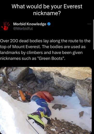What would be your Everest NI GEI Y Morbid Knowledge Over 200 dead bodies lay along the route to the top of Mount Everest The bodies are used as landmarks by climbers and have been given nicknames such as Green Boots