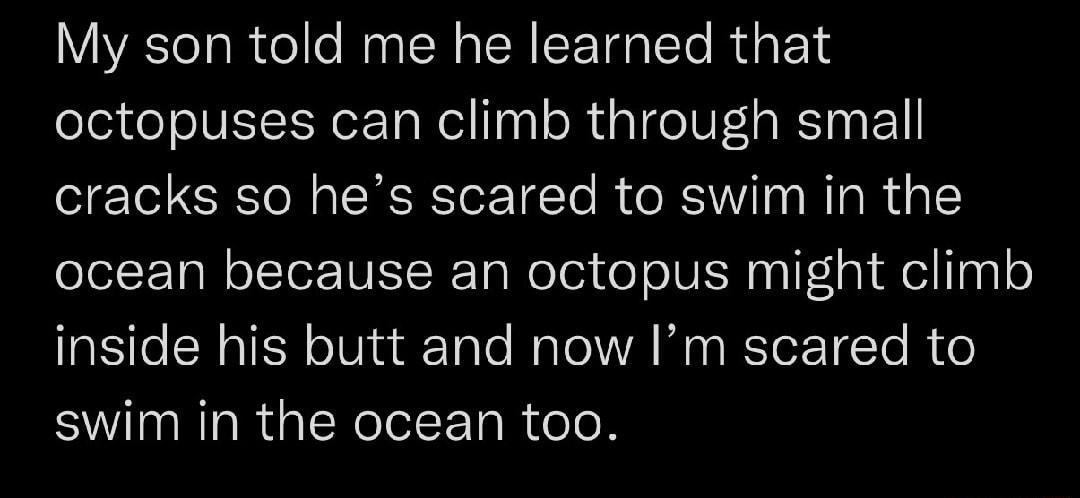 My son told me he learned that ele o oIVITEN oo Nel gl o R U a eI F s R E cracks so hes scared to swim in the ocean because an octopus might climb inside his butt and now Im scared to swim in the ocean too