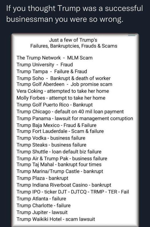 If you thought Trump was a successful businessman you were so wrong Justa few of Trumps Failures Bankruptcies Frauds Scams The Trump Network MLM Scam Trump University Fraud Trump Tampa Failure Fraud Trump Soho Bankrupt death of worker Trump Golf Aberdeen Job promise scam Vera Coking attempted to take her home Molly Forbes attempt to take her home Trump Golf Puerto Rico Bankrupt Trump Chicago defau