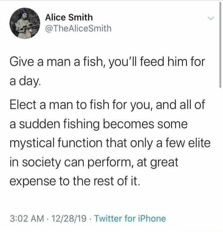 Alice Smith TheAliceSmith Give a man a fish youll feed him for aday Elect a man to fish for you and all of a sudden fishing becomes some mystical function that only a few elite in society can perform at great expense to the rest of it 302 AM 122819 Twitter for iPhone