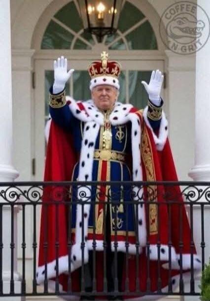 A man resembling Donald Trump, dressed in a royal robe and crown, stands on a balcony and waves. In the top right corner, there is a logo that reads 