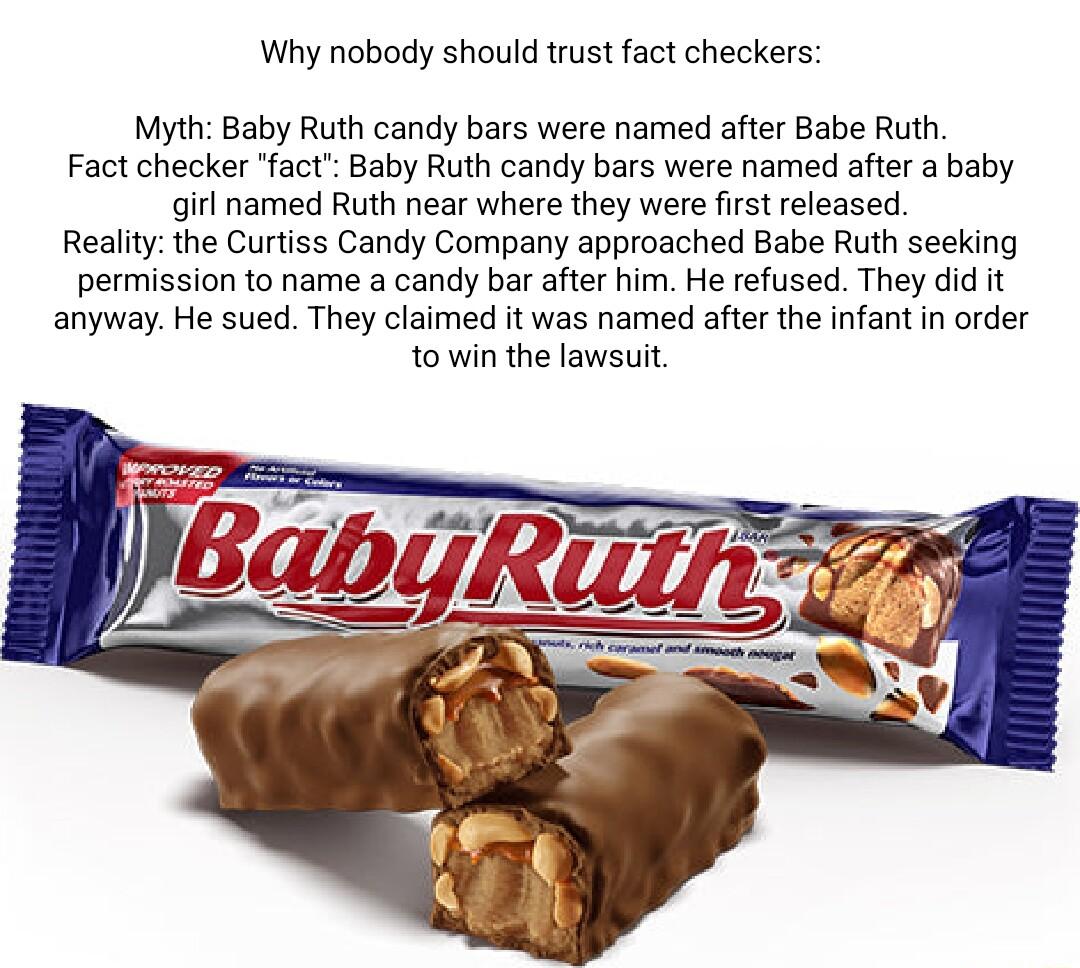 Why nobody should trust fact checkers Myth Baby Ruth candy bars were named after Babe Ruth Fact checker fact Baby Ruth candy bars were named after a baby qirl named Ruth near where they were first released Reality the Curtiss Candy Company approached Babe Ruth seeking permission to name a candy bar after him He refused They did it anyway He sued They claimed it was named after the infant in order 