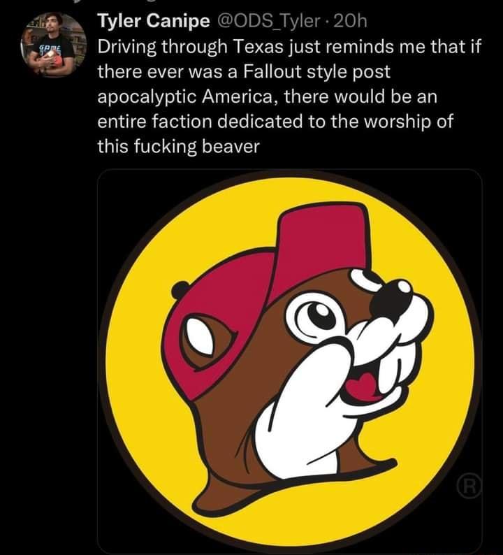 Tyler Canipe Driving through Texas just reminds me that if there ever was a Fallout style post apocalyptic America there would be an entire faction dedicated to the worship of this fucking beaver