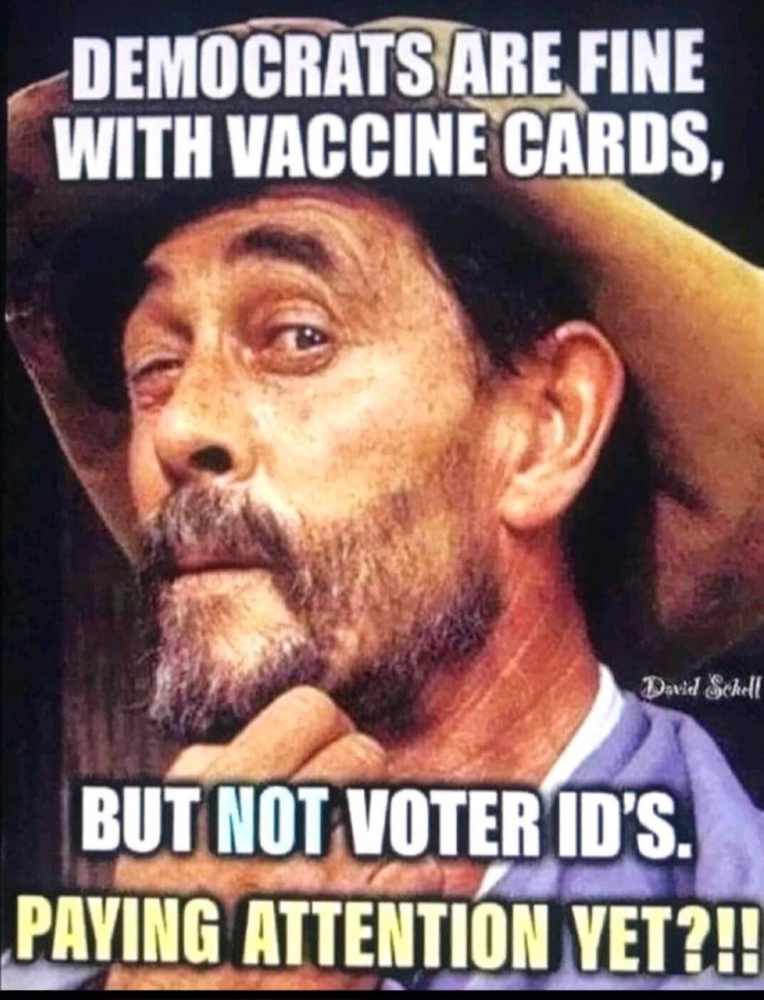 DEMOCRATS ARE FINE WITH VACCINE CARDS, BUT NOT VOTER ID'S. PAYING ATTENTION YET?!!