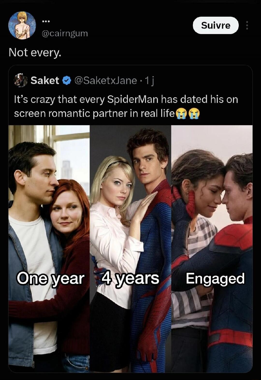 Not every. It's crazy that every SpiderMan has dated his on screen romantic partner in real life 😭😭 One year 4 years Engaged