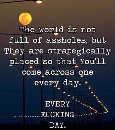 The world is not full of assholes but They are strategically placed so that Youll come_across qne every day EVERY N FUCKING w72 N
