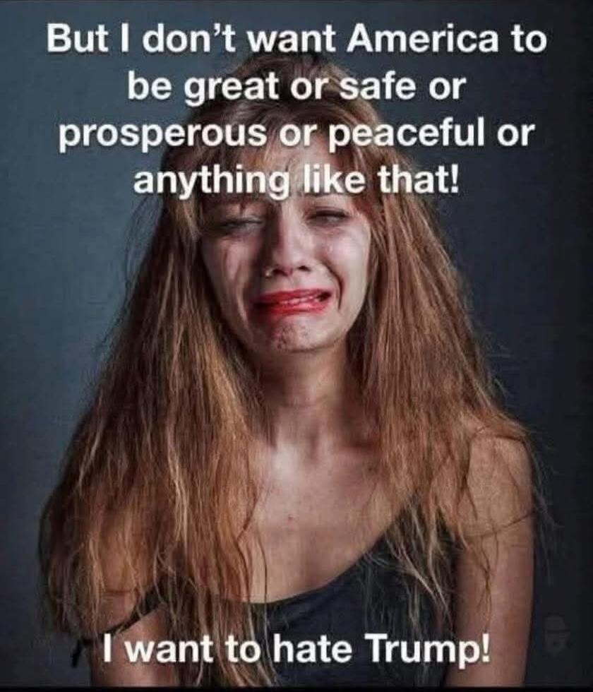 But I don't want America to be great or safe or prosperous or peaceful or anything like that! I want to hate Trump!