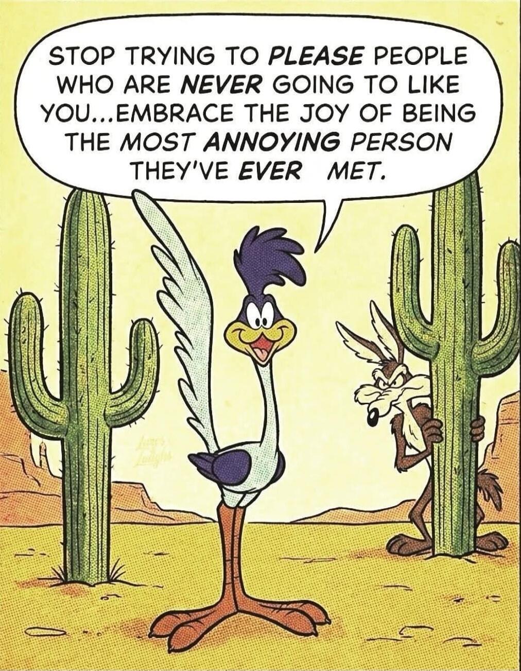 STOP TRYING TO PLEASE PEOPLE WHO ARE NEVER GOING TO LIKE YOU...EMBRACE THE JOY OF BEING THE MOST ANNOYING PERSON THEY'VE EVER MET.