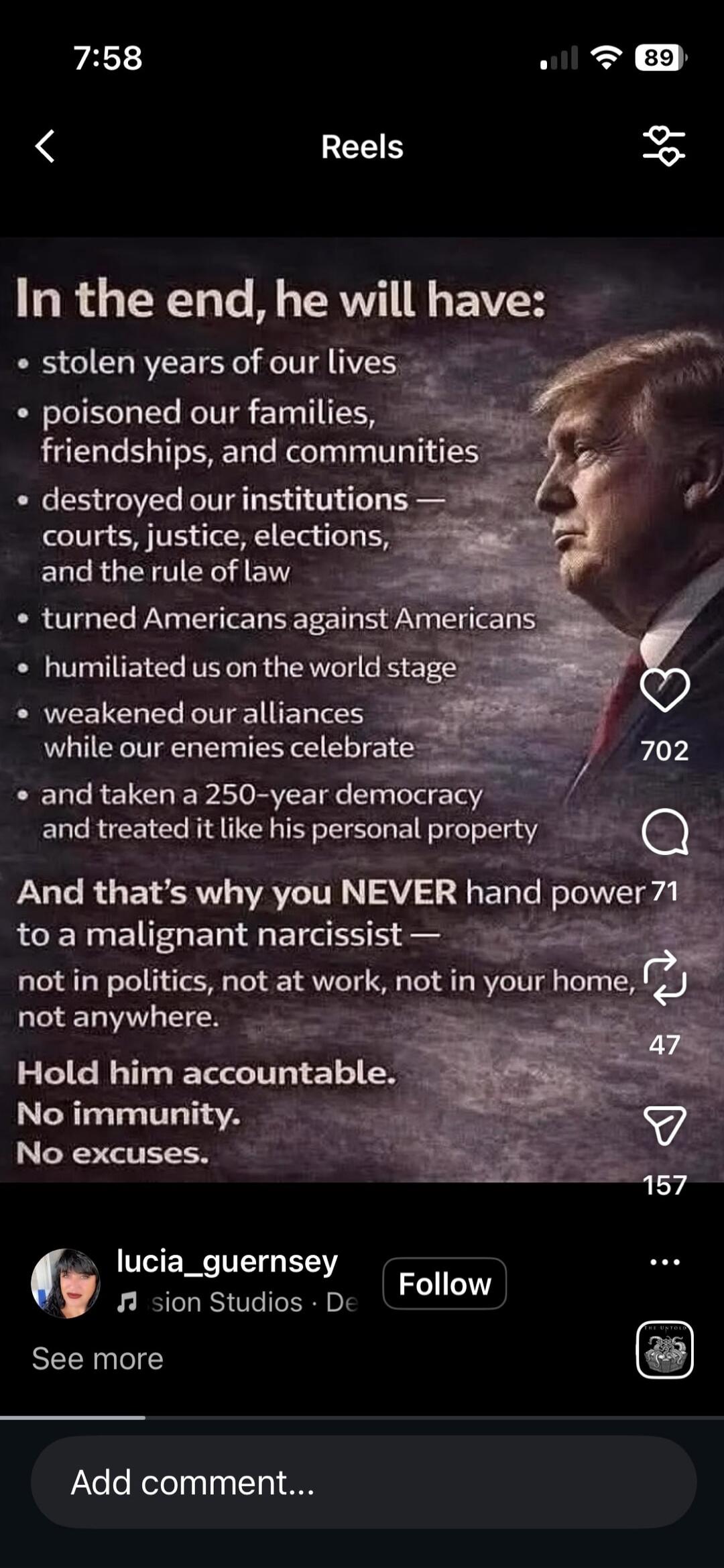In the end, he will have:
• stolen years of our lives
• poisoned our families, friendships, and communities
• destroyed our institutions — courts, justice, elections, and the rule of law
• turned Americans against Americans
• humiliated us on the world stage
• weakened our alliances while our enemies celebrate
• and taken a 250-year democracy and t