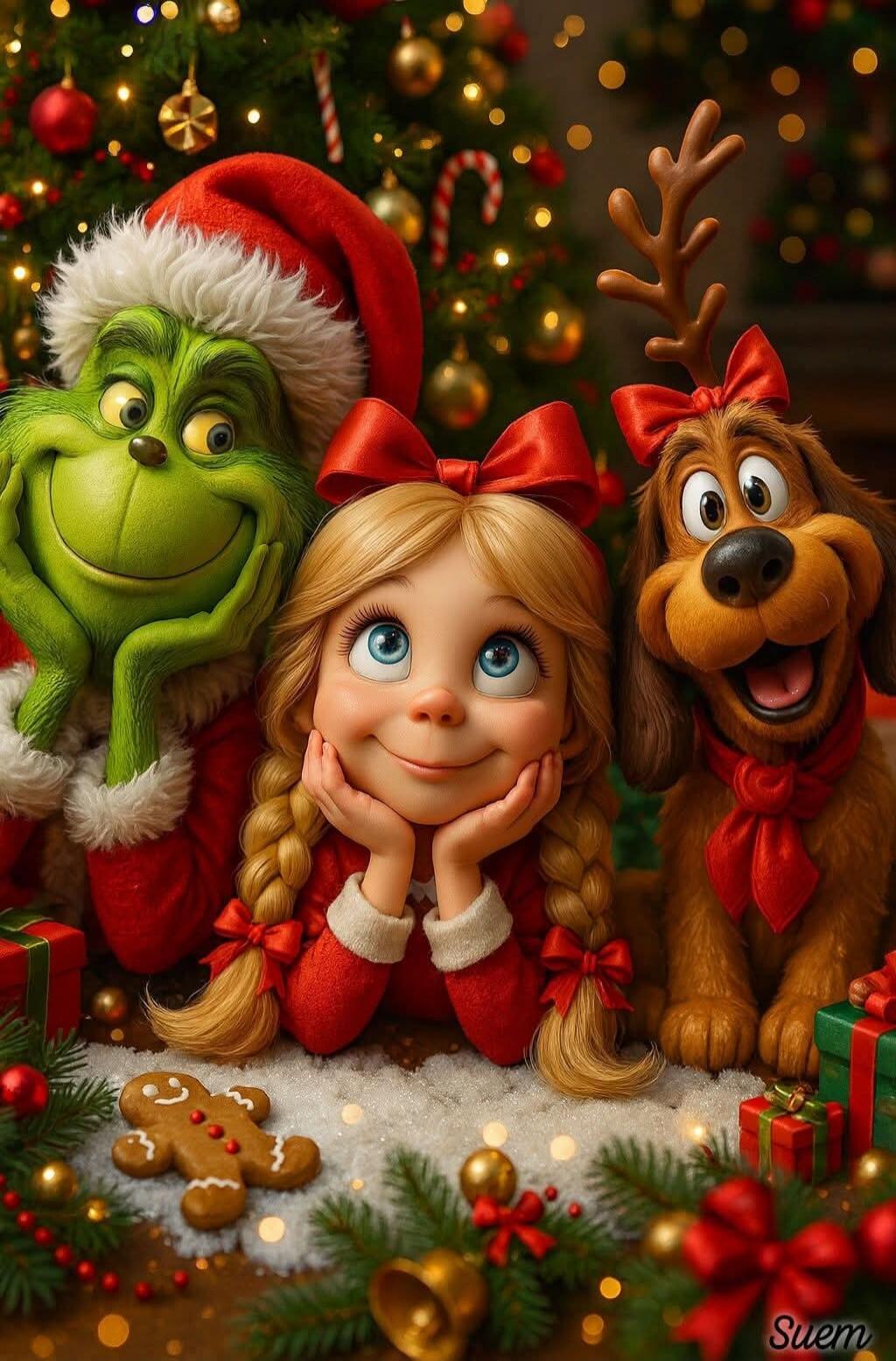 Grinch, girl with blonde braids and red bows, a reindeer with a red bow, Christmas tree, gingerbread cookies, Christmas decorations. Signature: Suem