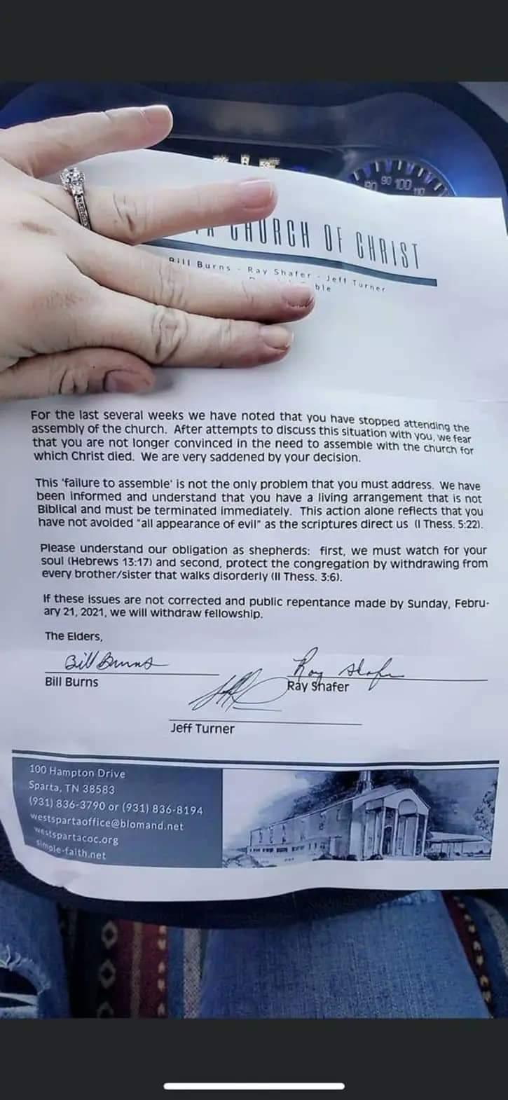JFO N last several weeks we have noted that you have stopges scere 3SSembIY Of the church After attemprs to discuss this situation iy 12 that you are not longer convinced In the need to sssemole i 4 which Chist dlec We are very saddened by your decision This fallure to assembe s not the only problem that you must address We rave been Informed and understand that you have 3 Iing arrangement trat i 