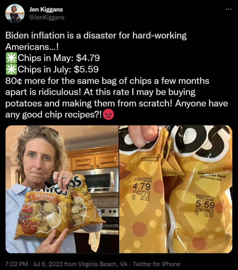 Jen Kiggans Biden inflation is a disaster for hard working Americans VEE Y B Chips in July 559 80 more for the same bag of chips a few months apart is ridiculous At this rate may be buying potatoes and making them from scratch Anyone have any good chip recipes T02PM Jul6