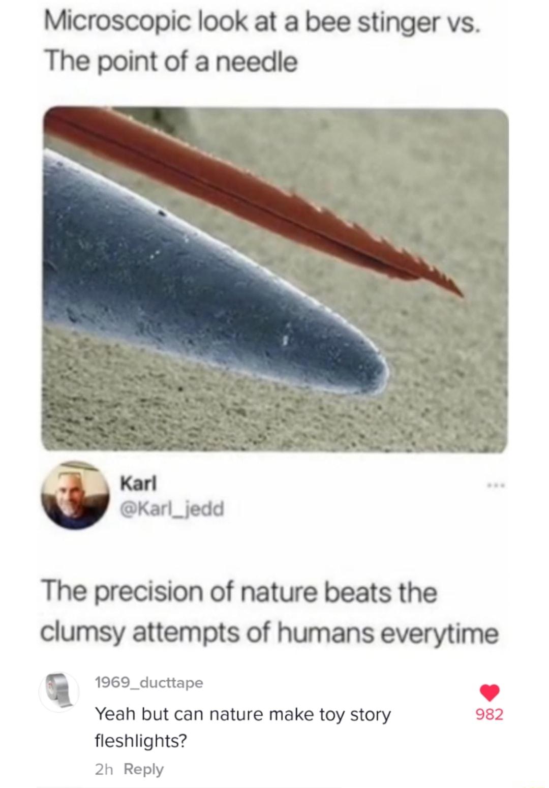 Microscopic look at a bee stinger vs The point of a needle The precision of nature beats the clumsy attempts of humans everytime s 1969_ducttape Yeah but can nature make toy story 982 fleshlights 2h Reply