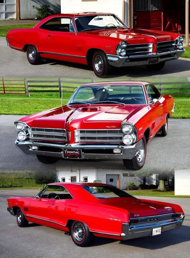 A classic red Pontiac car is shown from multiple angles, highlighting its design and features. The car is parked outdoors, possibly in a rural or suburban setting with green grass and a fence in the background. The brand 'Pontiac' is visible on the front grille.