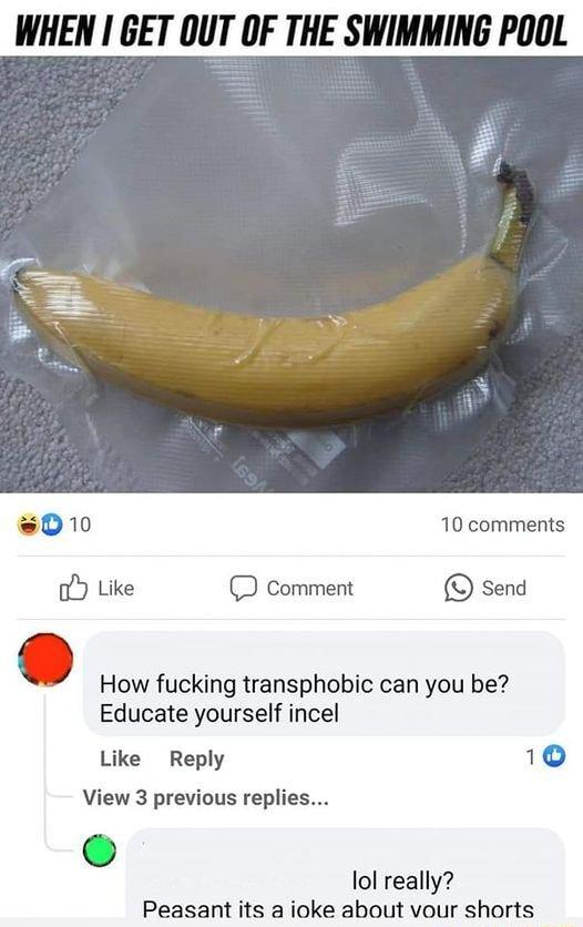 WHEN GET OUT OF THE SWIMMING POOL eD10 10 comments oY Like Comment send How fucking transphobic can you be Educate yourself incel Like Reply 10 View 3 previous replies Peasant its a ioke about vour shorts lol really