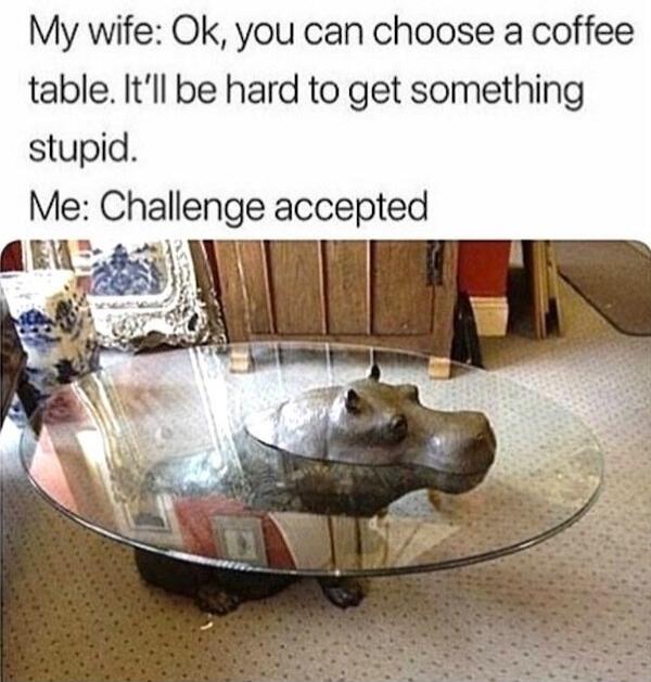 My wife: Ok, you can choose a coffee table. It'll be hard to get something stupid. Me: Challenge accepted