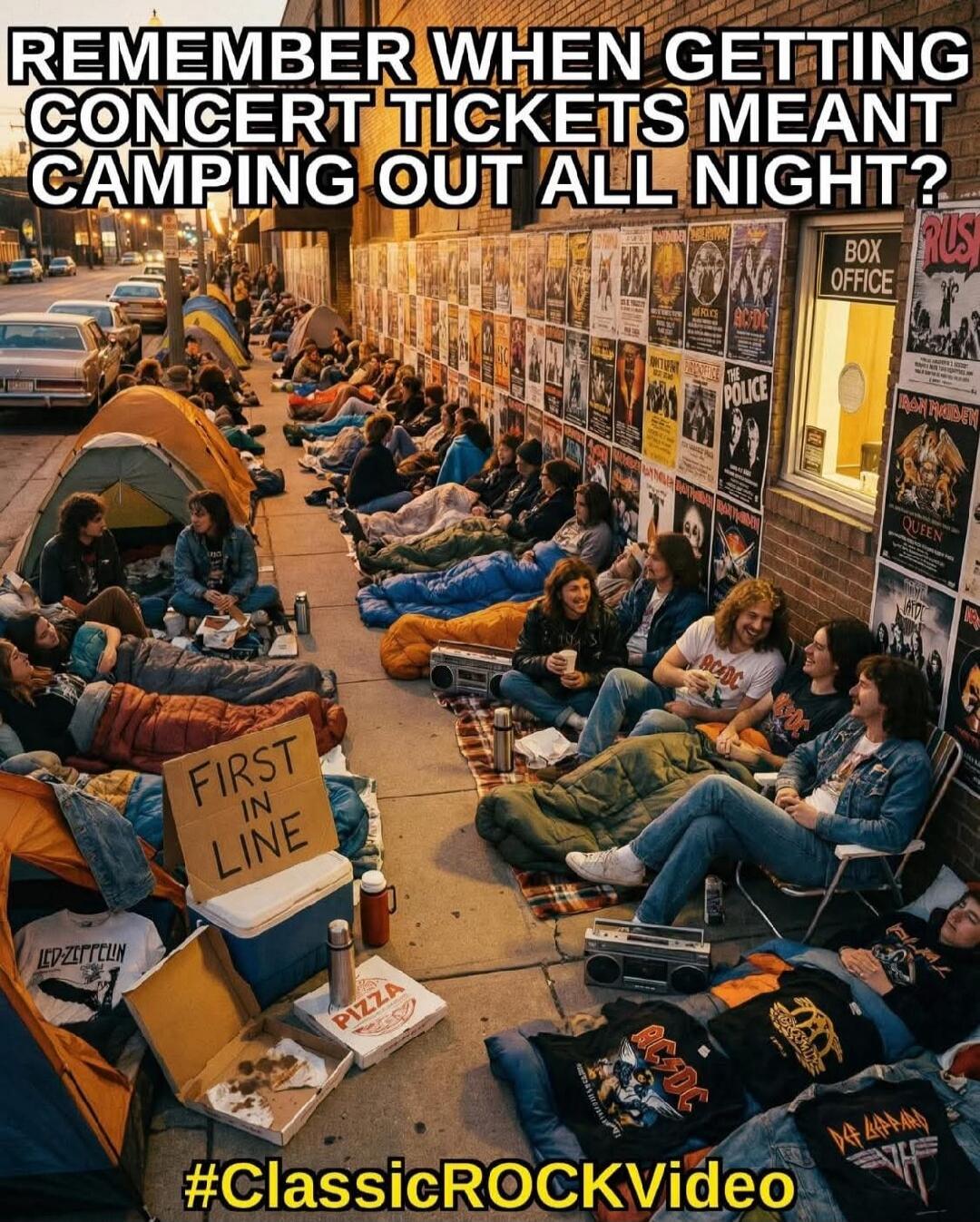 REMEMBER WHEN GETTING CONCERT TICKETS MEANT CAMPING OUT ALL NIGHT? BOX OFFICE FIRST IN LINE PIZZA #ClassicROCKVideo. Posters for bands like Rush, Iron Maiden, Queen, AC/DC, The Police. T-shirts with Led Zeppelin, AC/DC, Def Leppard logos.