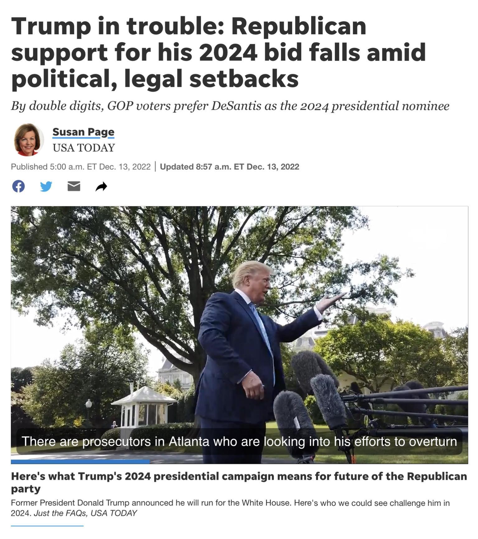 Trump in trouble Republican support for his 2024 bid falls amid political legal setbacks By double digits GOP voters prefer DeSantis as the 2024 presidential nominee SusanPage USATODAY fforts to overtum Heres what Trumps 2024 presidential campaign means for future of the Republican