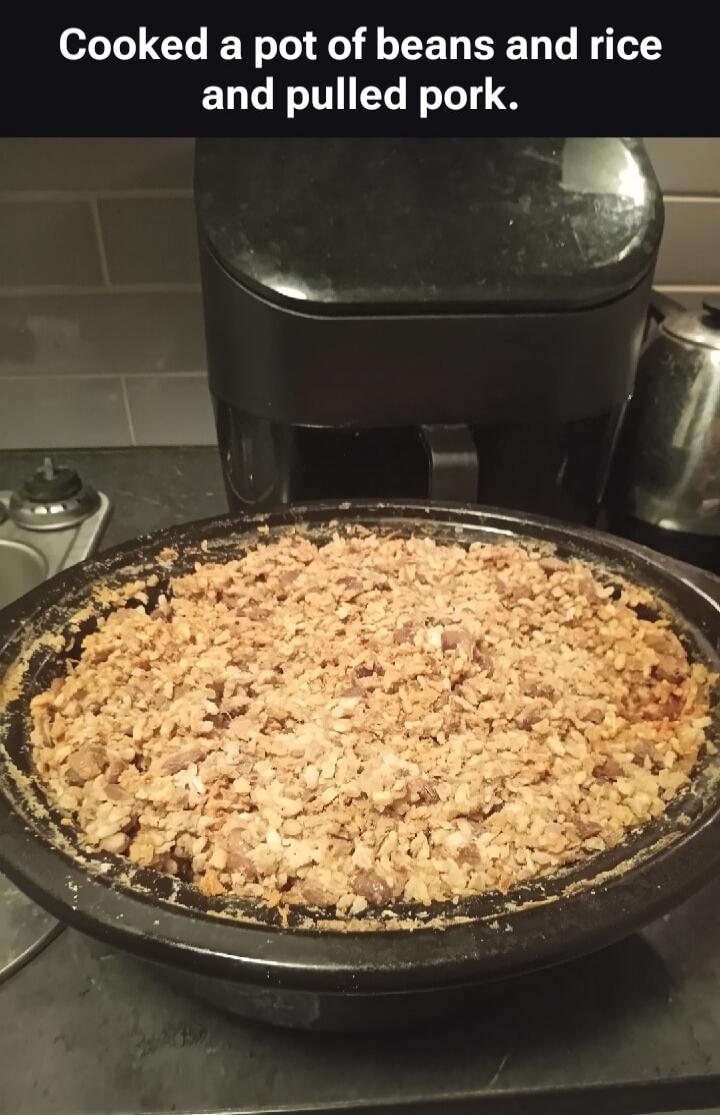Cooked a pot of beans and rice and pulled pork.