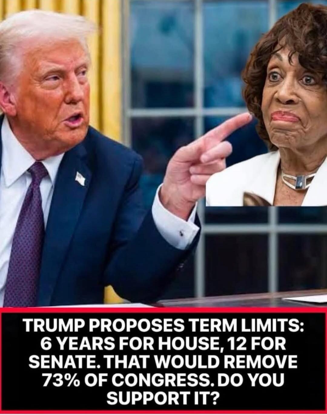 TRUMP PROPOSES TERM LIMITS: 6 YEARS FOR HOUSE, 12 FOR SENATE. THAT WOULD REMOVE 73% OF CONGRESS. DO YOU SUPPORT IT?