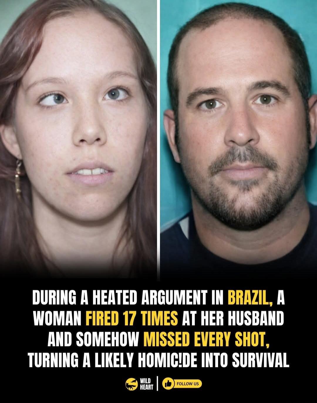 During a heated argument in Brazil, a woman fired 17 times at her husband and somehow missed every shot, turning a likely homicide into survival.