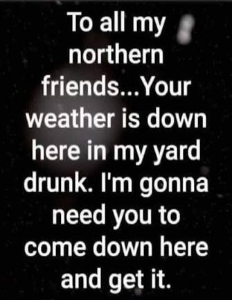 To all my northern friends... Your weather is down here in my yard drunk. I'm gonna need you to come down here and get it.