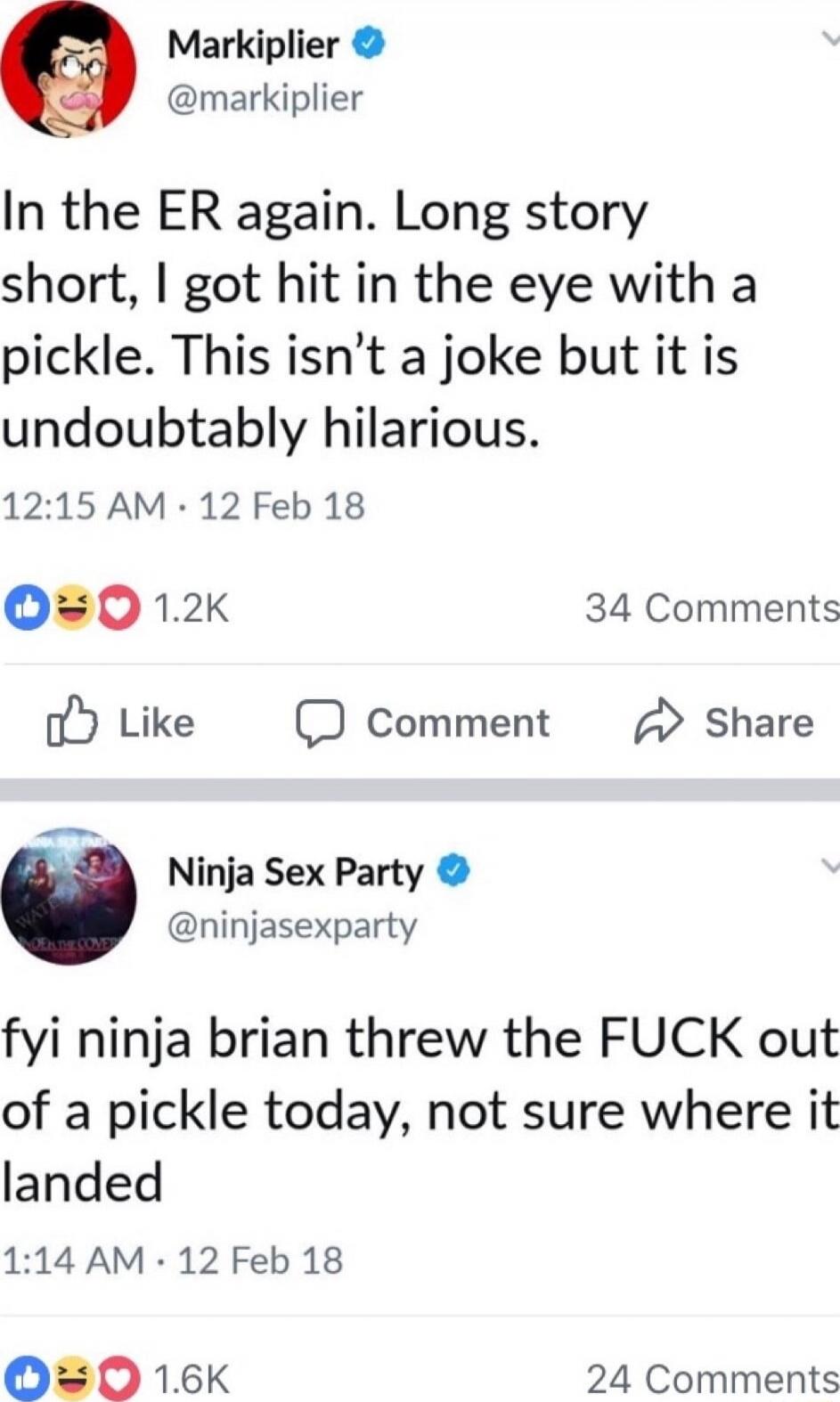 In the ER again. Long story short, I got hit in the eye with a pickle. This isn't a joke but it is undoubtably hilarious.
fyi ninja brian threw the FUCK out of a pickle today, not sure where it landed