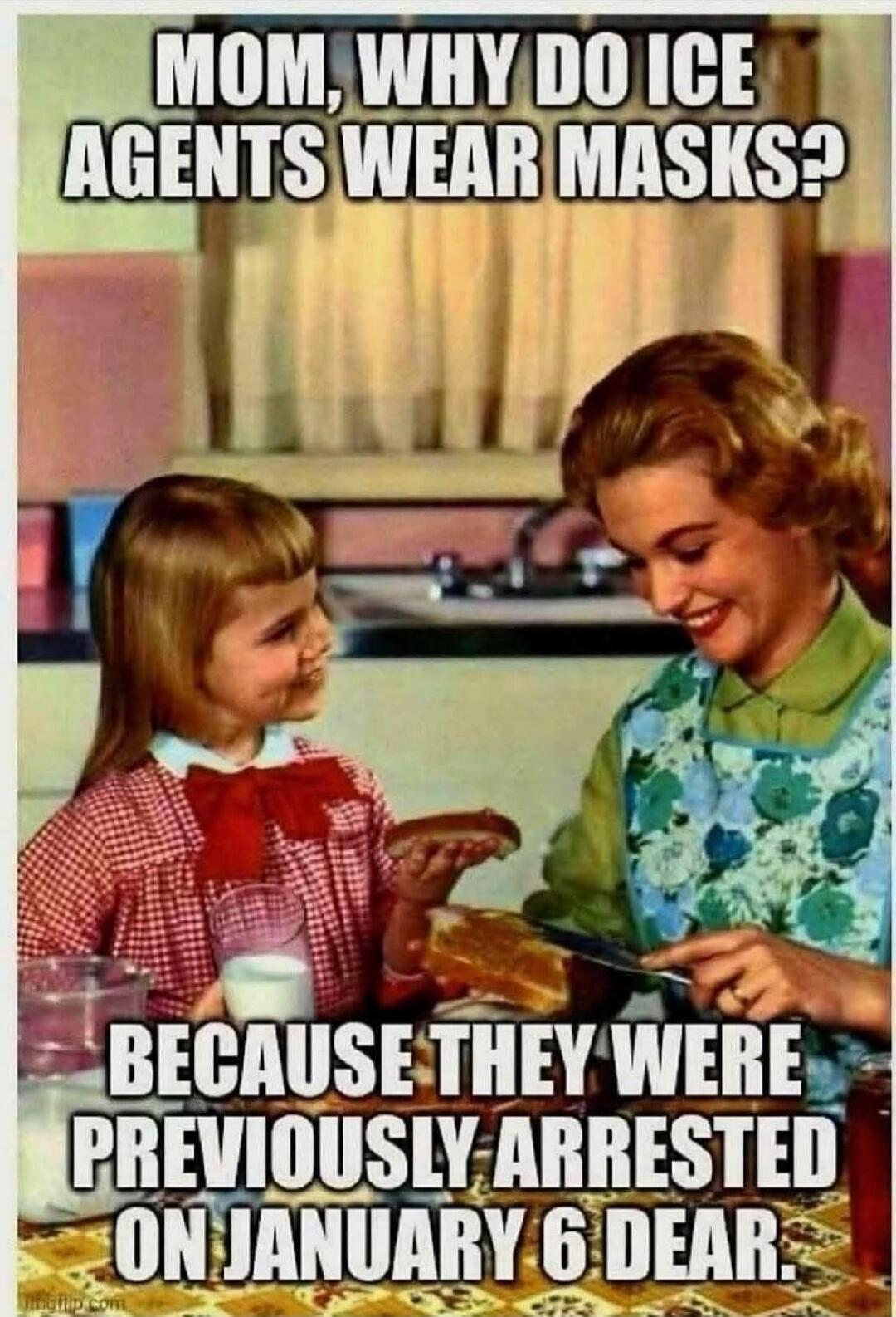 MOM, WHY DO ICE AGENTS WEAR MASKS? BECAUSE THEY WERE PREVIOUSLY ARRESTED ON JANUARY 6 DEAR.