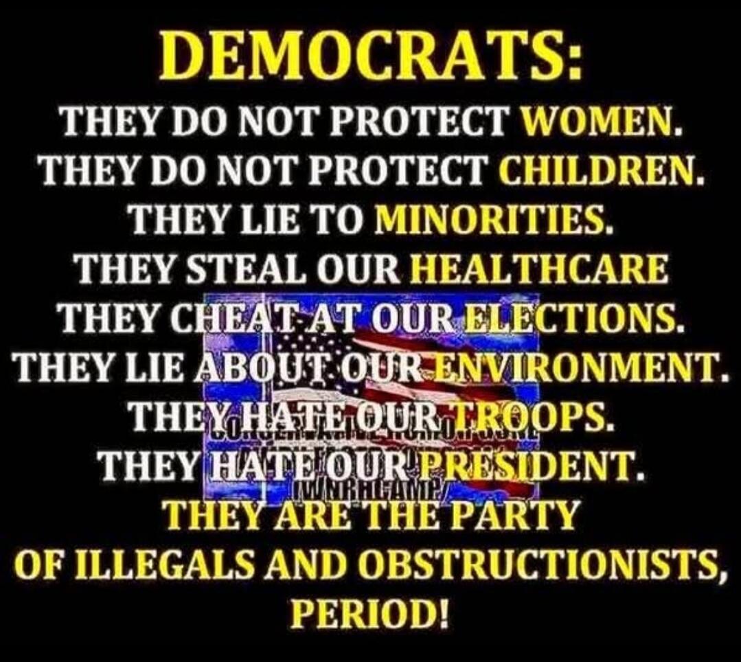 DEMOCRATS: THEY DO NOT PROTECT WOMEN. THEY DO NOT PROTECT CHILDREN. THEY LIE TO MINORITIES. THEY STEAL OUR HEALTHCARE THEY CHEAT AT OUR ELECTIONS. THEY LIE ABOUT OUR ENVIRONMENT. THEY HATE OUR TROOPS. THEY HATE OUR PRESIDENT. THEY ARE THE PARTY OF ILLEGALS AND OBSTRUCTIONISTS, PERIOD!