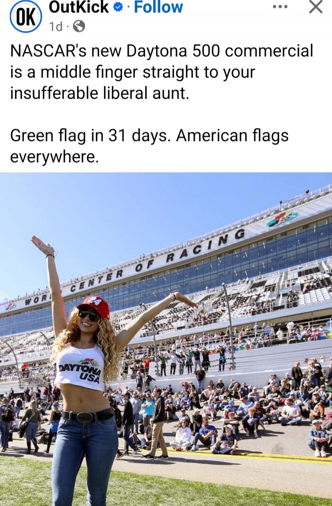 NASCAR's new Daytona 500 commercial is a middle finger straight to your insufferable liberal aunt. Green flag in 31 days. American flags everywhere.
