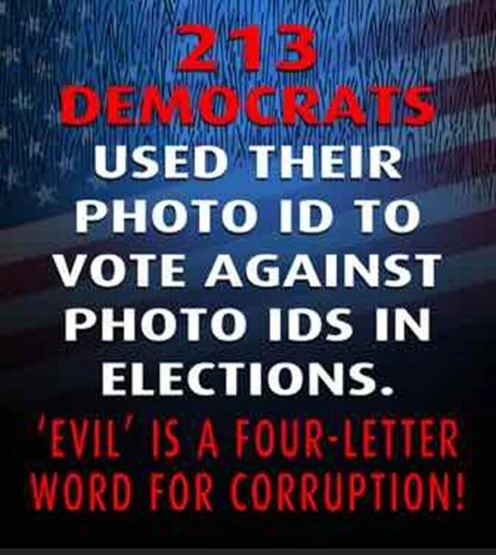 213 DEMOCRATS USED THEIR PHOTO ID TO VOTE AGAINST PHOTO IDS IN ELECTIONS. 'EVIL' IS A FOUR-LETTER WORD FOR CORRUPTION!