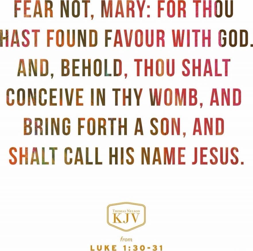 FEAR NOT, MARY: FOR THOU HAST FOUND FAVOUR WITH GOD. AND, BEHOLD, THOU SHALT CONCEIVE IN THY WOMB, AND BRING FORTH A SON, AND SHALT CALL HIS NAME JESUS. (Luke 1:30-31, KJV)