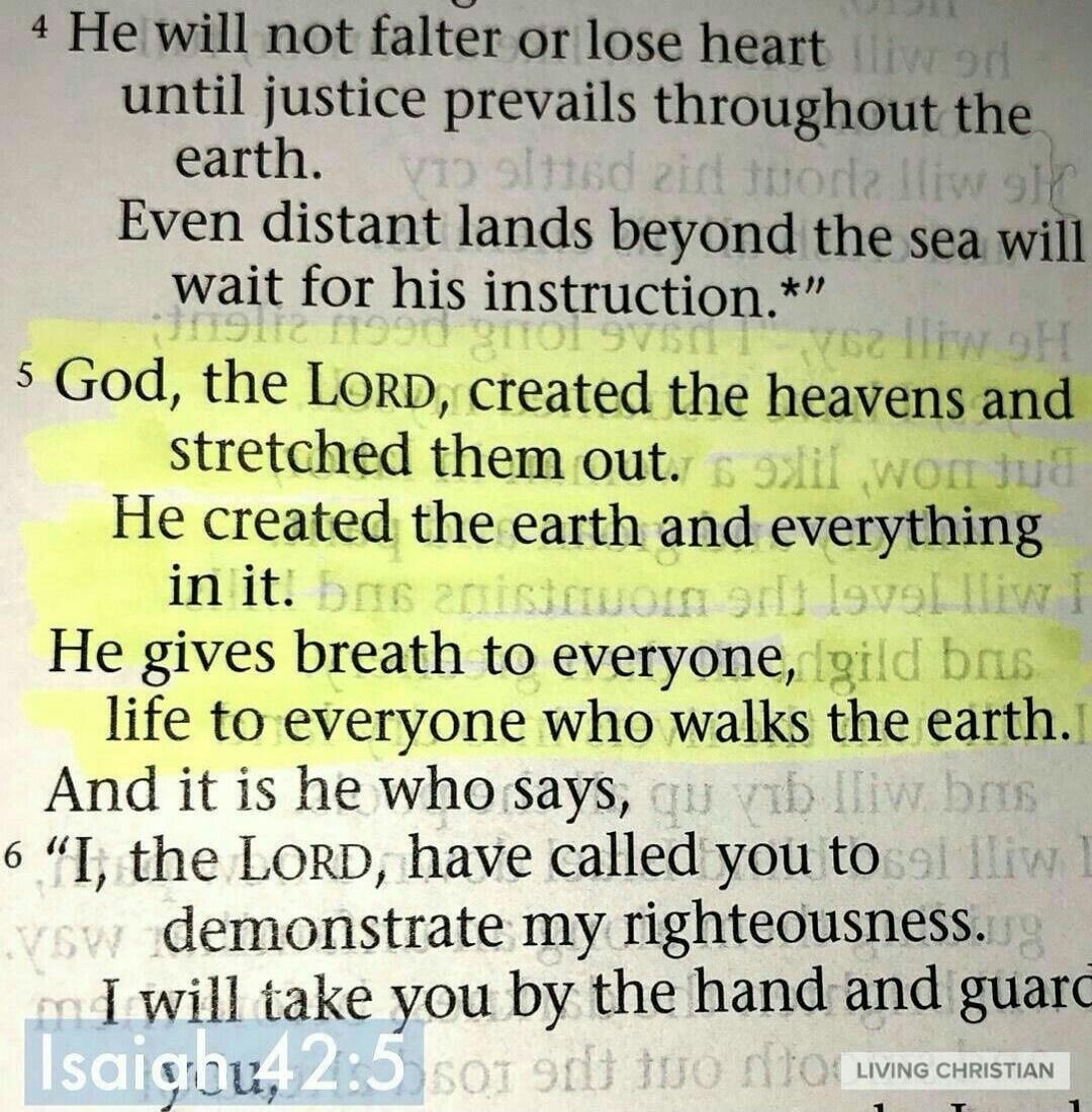 He will not falter or lose heart until justice prevails throughout the earth. Even distant lands beyond the sea will wait for his instruction. God, the LORD, created the heavens and stretched them out. He created the earth and everything in it. He gives breath to everyone, life to everyone who walks the earth. And it is he who says, 
