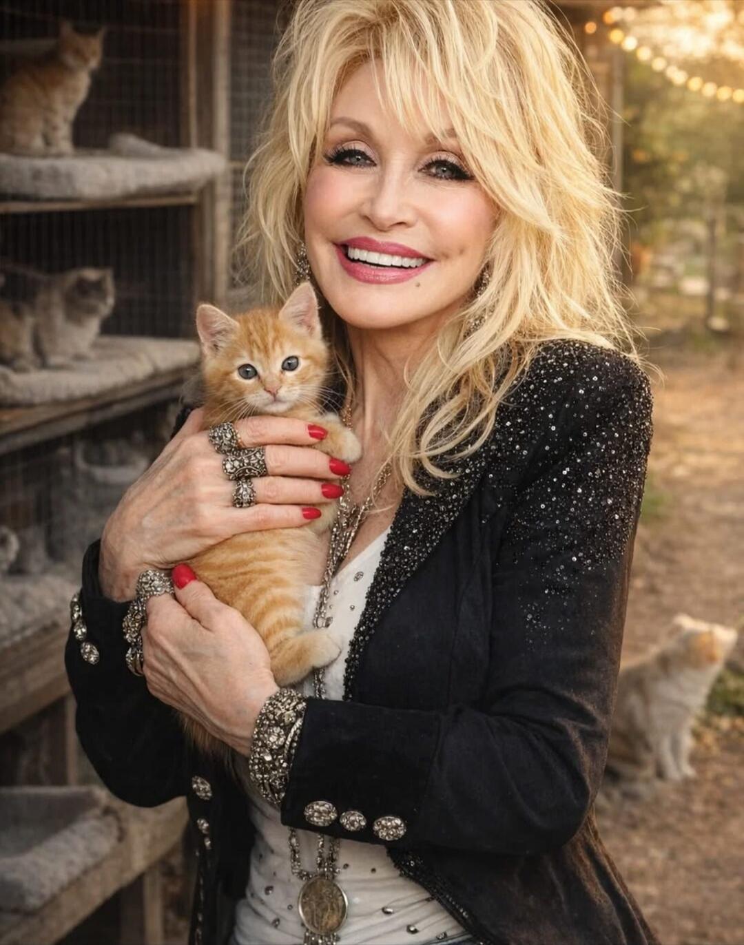 A smiling woman holding an orange kitten outdoors, with racks of cats in the background.