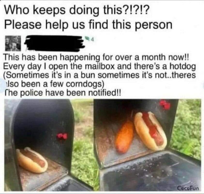 Please help us find this person as been happening for over a month now Evevy day open the mailbox and theres a hotdog Sometimes its in a bun sometimes its nottheres Iso been a few corndogs he police have been notified