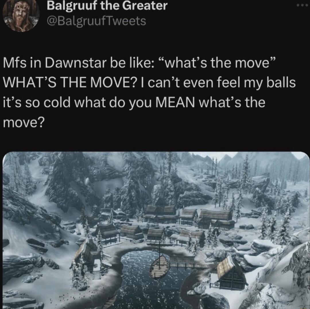 Balgruuf the Greater R Mfs in Dawnstar be like whats the move WHATS THE MOVE cant even feel my balls its so cold what do you MEAN whats the move
