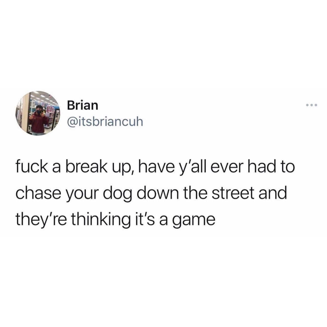 Pasees Brian Q itsbriancuh fuck a break up have yall ever had to chase your dog down the street and theyre thinking its a game