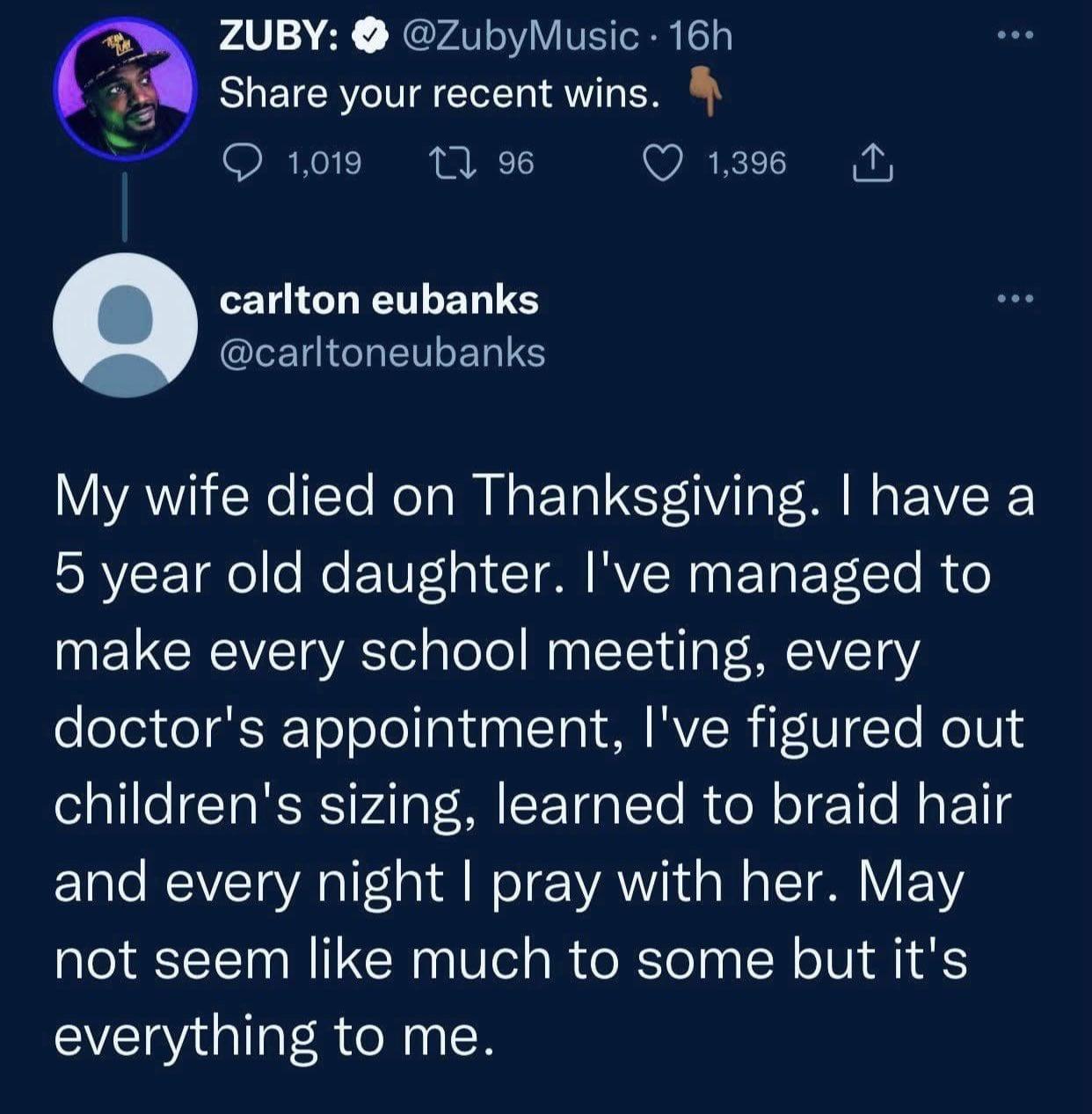 ZUBY ZubyMusic 16h Share your recent wins O 1019 1Q Q13 N carlton eubanks CLEUIGLETLERIS My wife died on Thanksgiving have a RCE el N EV T RV RN ET EYETO RTe make every school meeting every doctors appointment Ive figured out childrens sizing learned to braid hair and every night pray with her May not seem like much to some but its everything to me